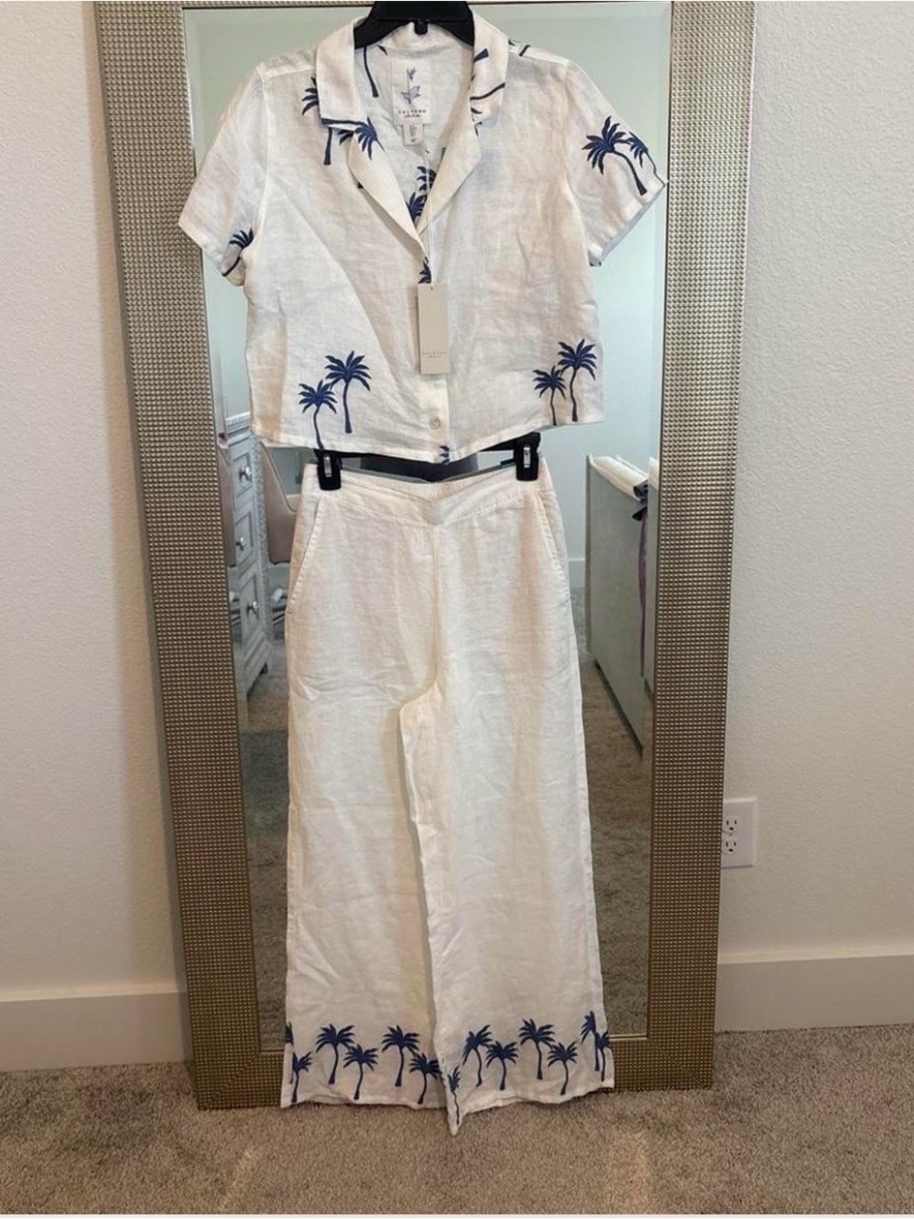 Calypso St. Barth Farm Palm Print Linen Rio Two-Piece Set Anthropologie Size S